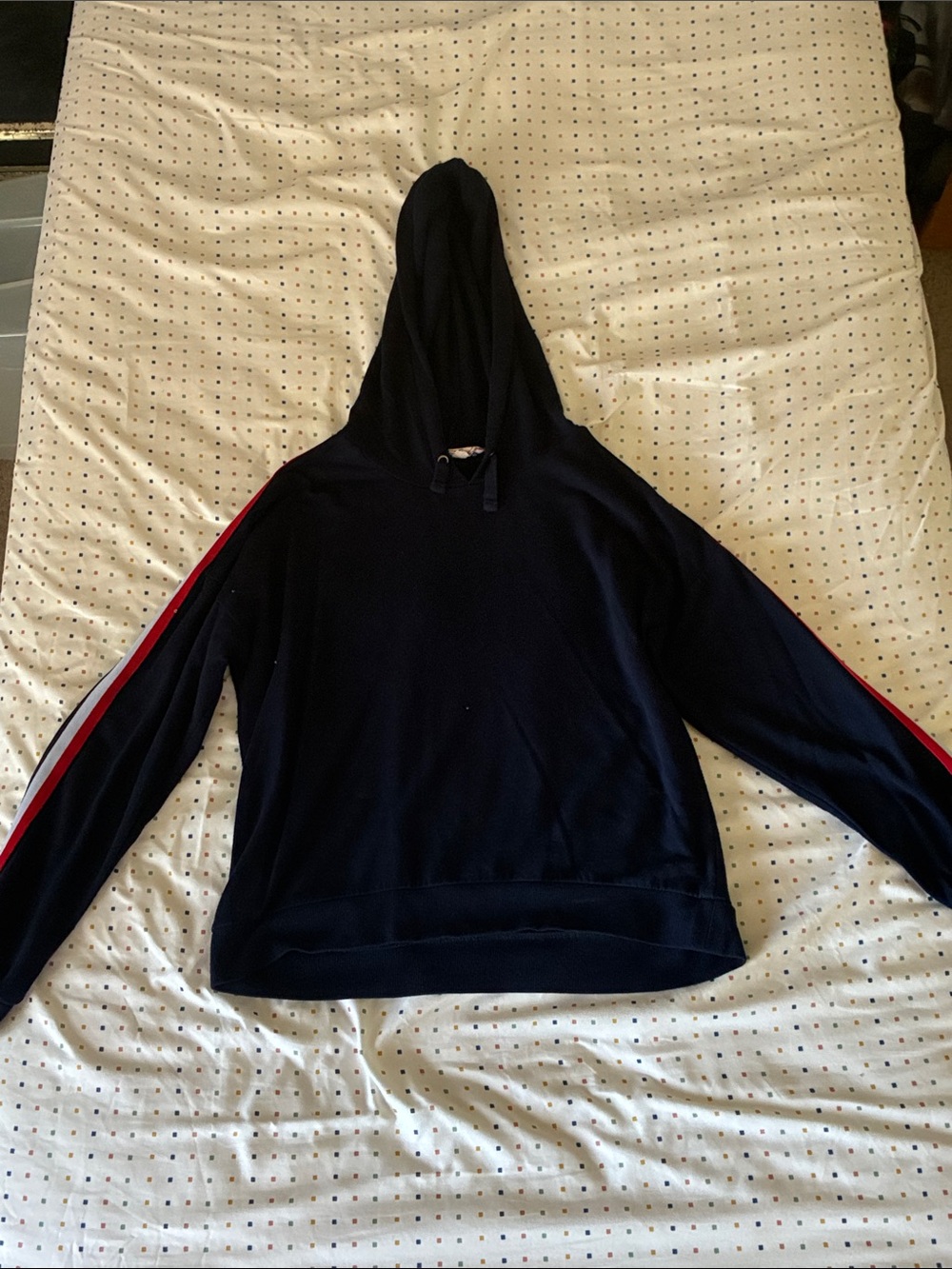 Navy Hoodie with Red & White Sleeve Stripes